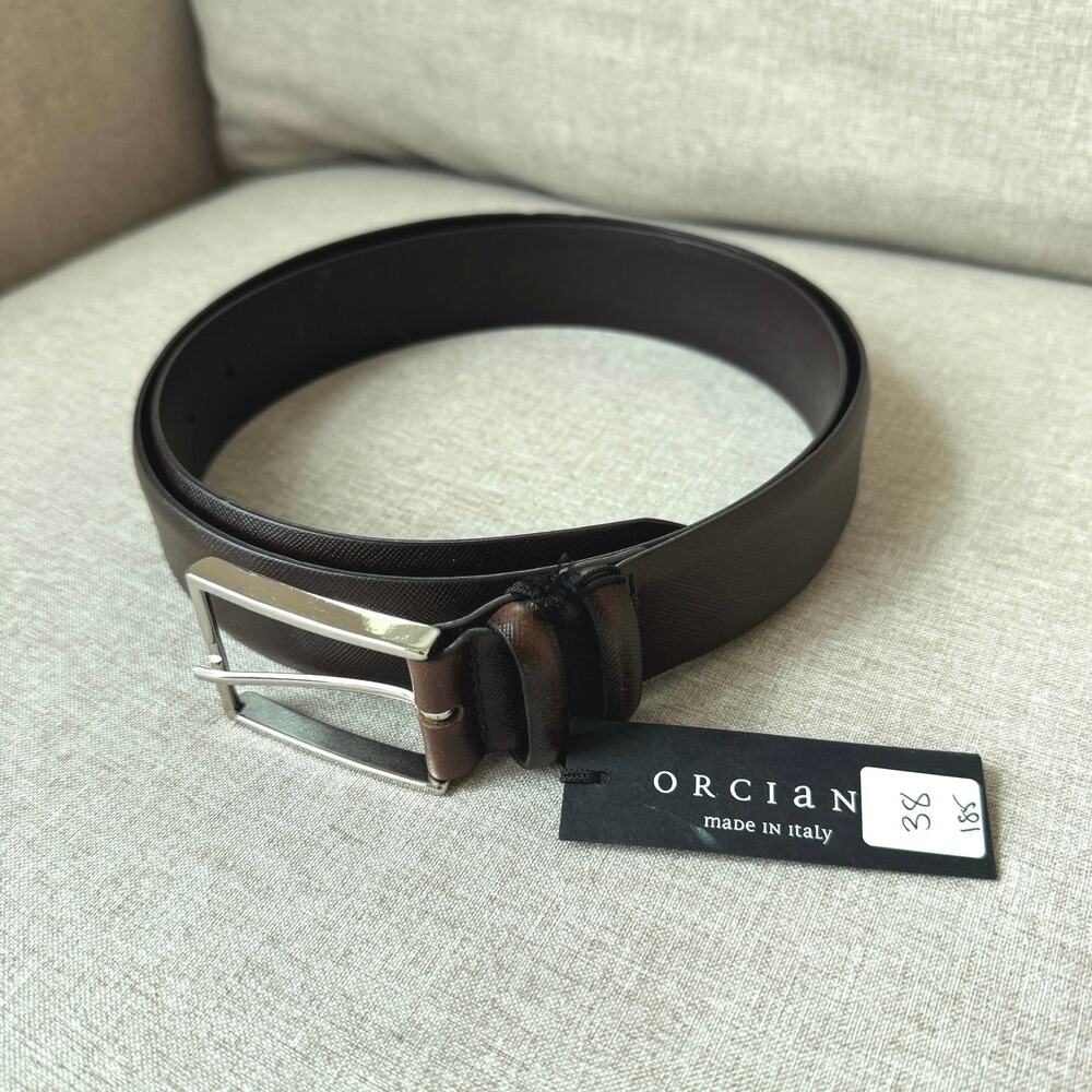 Orciani Basic Saffiano Brown Italian Leather Silver Tone Buckle Belt 205 NEW